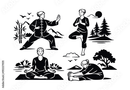 Women performing traditional Chinese martial arts, yoga asanas, and meditation exercises for health and peaceful living