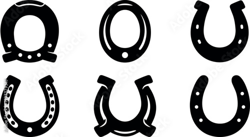Minimalist vector horseshoe icon set six views close up black silhouettes simple luck symbol isolated on white flat design monochrome