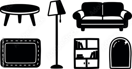 Flat design black silhouette home furniture icons sofa coffee table floor lamp rug bookshelf mirror simple composition top view clean