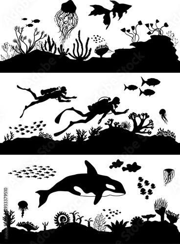 Detailed collection of ocean life silhouettes showcasing diverse marine creatures, coral reefs, and adventurous scuba divers exploring the vibrant underwater world, perfect for educational or decorati