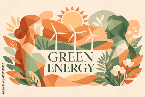 Abstract green energy concept with wind turbines and nature elements
