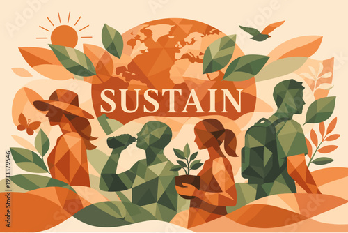 Sustainable living: diverse people in nature with earth motif, emphasizing eco-consciousness