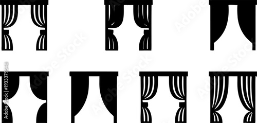 A collection of simple black silhouette curtain icons portraying different drapery styles and window treatments for interior design elements or theatrical stage backdrops.