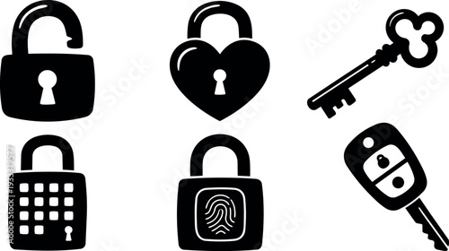 Flat design black lock and key icon set with six silhouette symbols in two rows close up minimalist vector monochrome