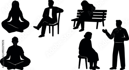 Minimalist silhouette vector showing seated meditation poses elderly person on bench and man speaking in calm scene flat backlit mood