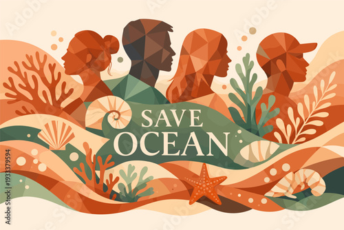 Stylized ocean conservation art with diverse profiles and marine elements