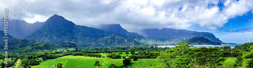 Hanalei Bay Panorama with Lush Mountains and Tropical Rain Clouds, Kauai Hawaii