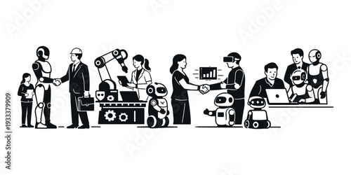 Collaboration between people and AI robots in manufacturing, virtual reality, and software development, symbolizing the future of work