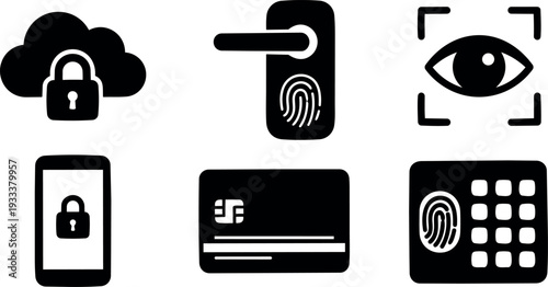 Flat design minimal vector security icon set close up biometric and payment symbols on white background with bold black glyphs
