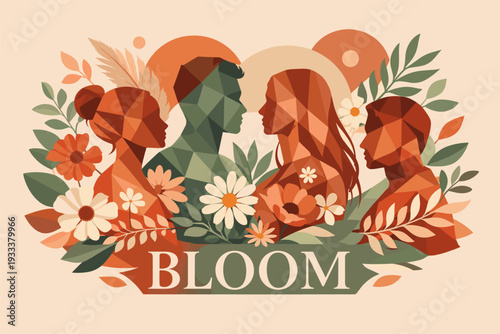 Geometric silhouettes of diverse adults with floral elements and 'bloom' text