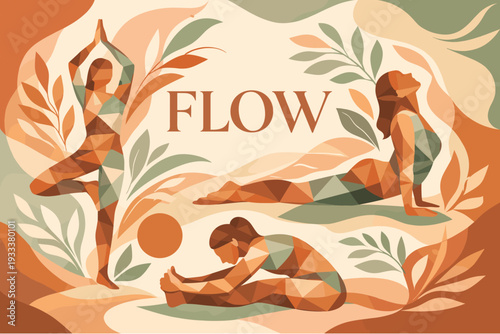 Geometric yoga poses with abstract nature elements