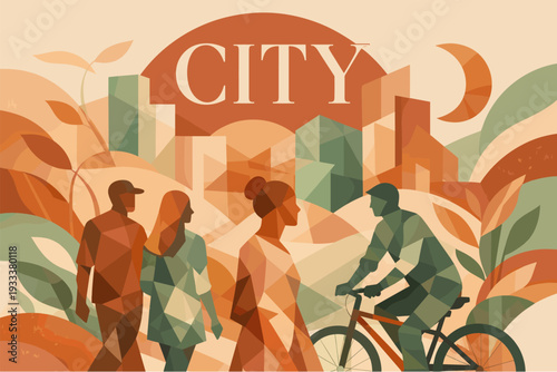 Abstract urban art: people and cityscape with modern geometric design