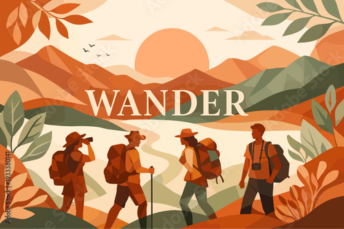 Silhouettes of young travelers exploring mountains at sunset