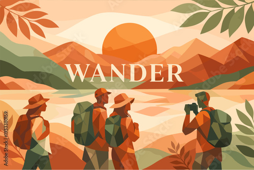 Hiking adventure: group of young adults exploring colorful landscape at sunset