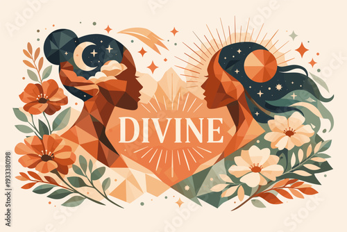 Celestial feminine harmony: abstract art with floral and cosmic elements