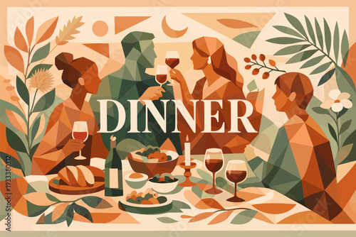 Abstract dinner gathering with diverse adults celebrating together in geometric style