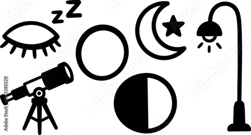 Line art telescope and night icon set with moon star lamp sleeping eye phase symbols in clean black and white