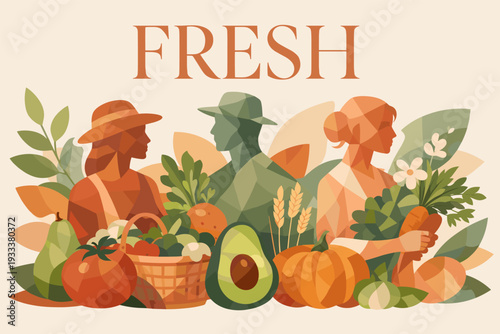 Colorful harvest with farmers and fresh produce in an abstract style