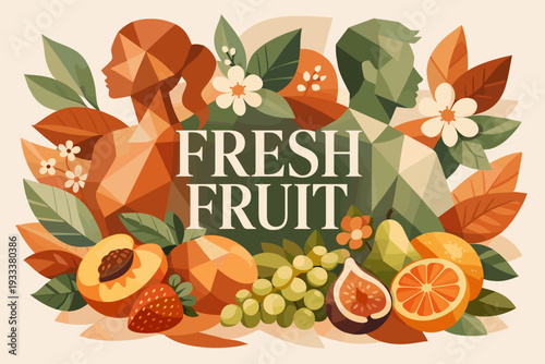 Geometric fruit art with male and female silhouettes among fresh produce and floral elements