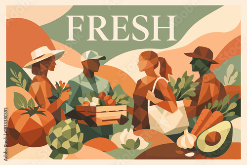 Colorful farmers market scene with diverse people and fresh produce