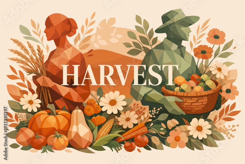 Bountiful harvest celebration with male and female figures amidst autumn produce