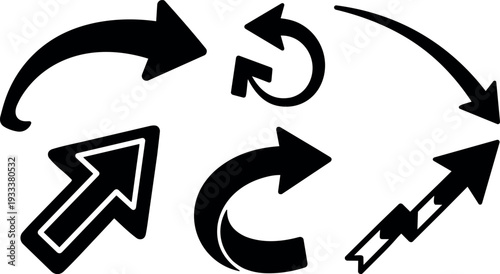 Flat design bold arrow icon set assorted curved circular diagonal upward reload and pointer arrows in simple black vector collection