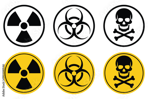 Radiation, biohazard, and toxic hazard icon set with yellow and black danger symbols, warning signs, silhouette and outline style vectors, clean modern flat design for safety, laboratory