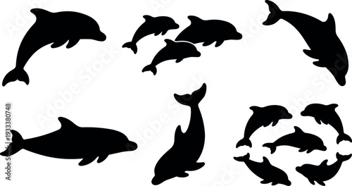 Minimalist silhouette vector dolphins jumping and swimming in varied poses pod of dolphins arranged in circular composition on white background