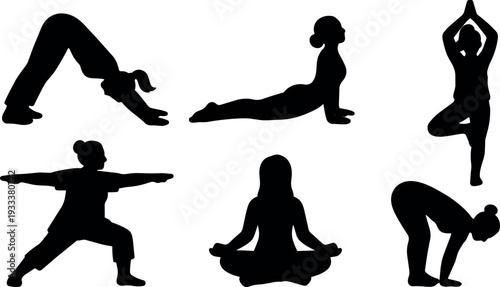 Flat silhouette vector showing six yoga poses women in downward dog cobra tree warrior meditation forward fold side view calm