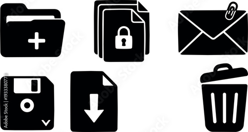 Flat design black file icon set folder with plus locked documents envelope with paperclip floppy disk download arrow and trash