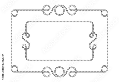 Rope frame. Set of various decorative rope frames.  Nautical rope, decorative binding. Vintage exquisite background template with empty space for text. Isolated black outline on white background. Vect