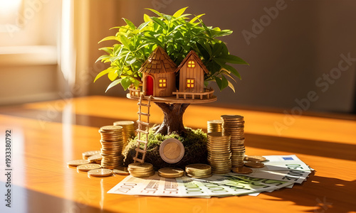 Financial Growth and Real Estate Investment Concept with Miniature Treehouse and Euro Currency