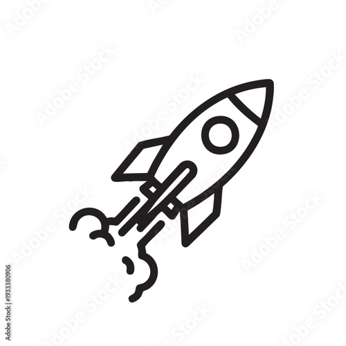 Simple line illustration of a rocket launching into space from a distant planet's surface with dramatic smoke and flames