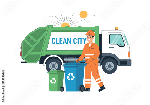 Sanitation worker wearing uniform and hard hat, pushing a recycling bin near a truck, representing waste collection services