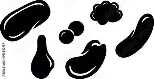 Minimalist flat vector up scattered legume silhouettes including kidney bean pea soybean lentil and chickpea black icons isolated top view