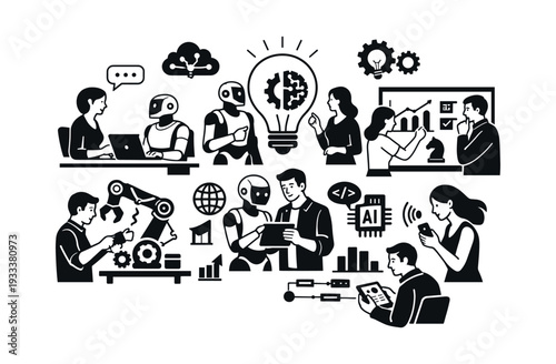 Humans and AI robots collaborating in various business and technology settings, developing solutions, analyzing data, and automating tasks