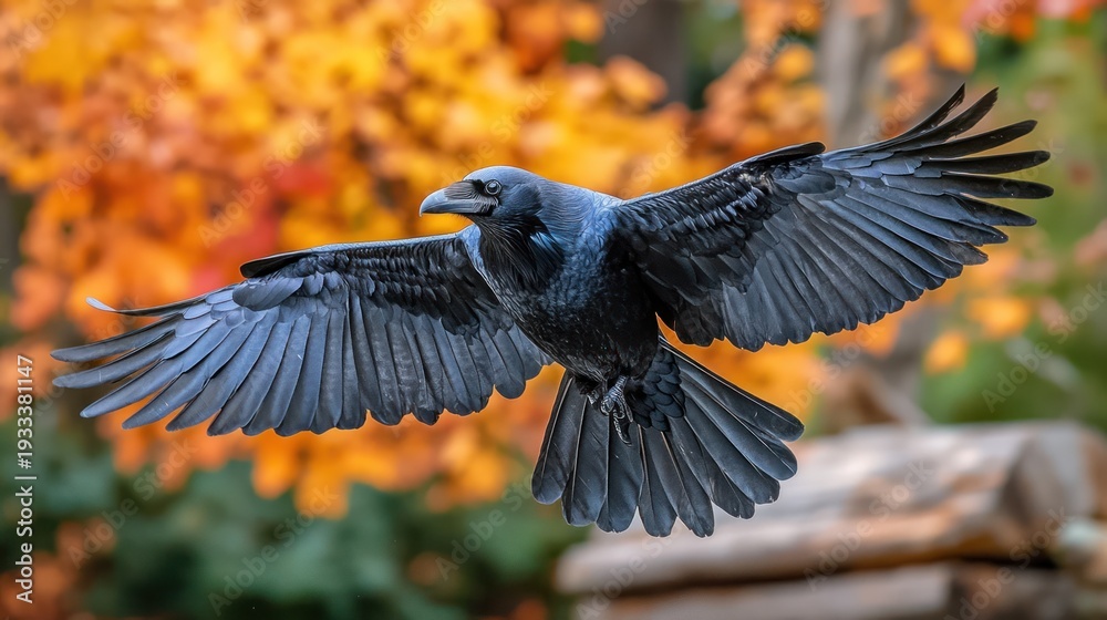 Obraz premium A majestic raven soars through an autumn landscape, wings spread