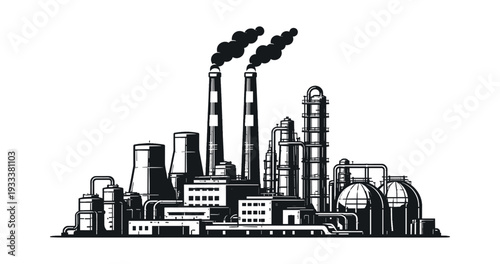 Industrial factory generating smoke, energy, and power. Refinery units and storage tanks depicting environmental pollution