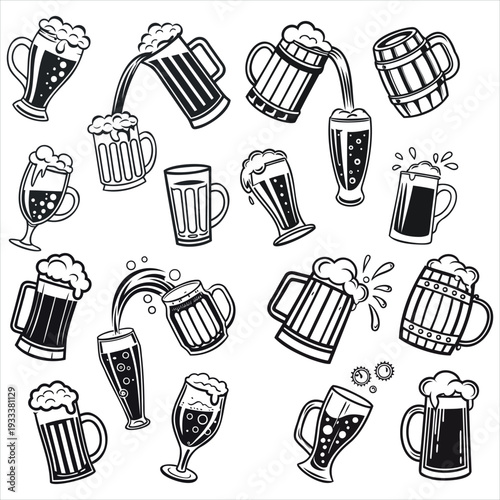 Beer Mug and Glass Vector Illustration Set - Black and White Outline Icons for Pub, Brewery, and Oktoberfest Designs.