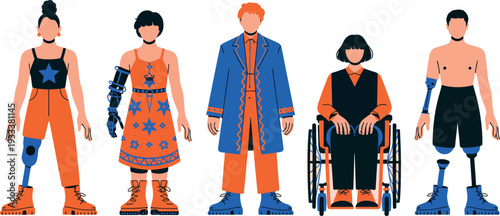  A group of four diverse individuals stands together, each displaying a different type of prosthetic limb. The characters are designed in a flat vector style with simplified features and bold colors.
