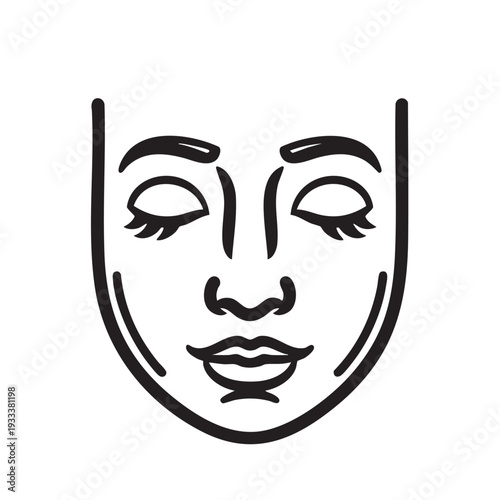Simple line drawing of a serene face with closed eyes and subtle smile, illustrating peaceful facial expression, vector illustration, close-up, minimalist style