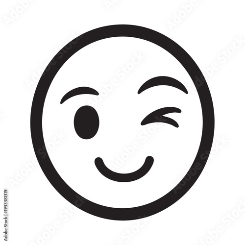 Simple black and white emoticon illustration of a smiling face with winking eyes displayed on a plain white surface from a straightforward angle