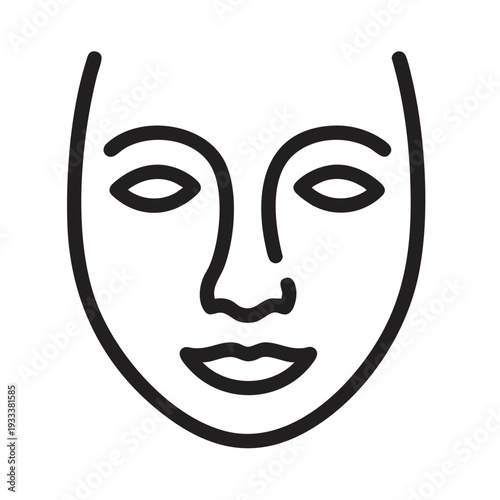 A minimalist line drawing of a face viewed straight on with simple features and a calm expression