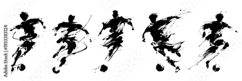 Abstract soccer player silhouette in dynamic grunge brush stroke style with bold ink splatter motion effect