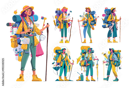 Female traveler cartoon vector set. Woman panama yellow jacket hat carrying blue backpack rolled mats trekking poles hiking equipment alpinist character