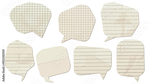 Set of Crumpled Paper Speech Bubbles with Math Lines Notebook Pattern, Vintage Dialogue Shapes Featuring Halftone Effect, Dotted Gritty Texture, and Torn Cut Out Notebook Sheet Edges Vector