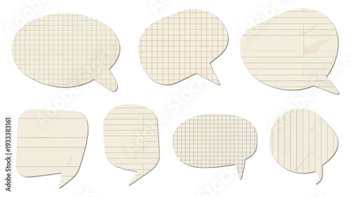 Set of Crumpled Paper Speech Bubbles with Math Lines Notebook Pattern, Vintage Dialogue Shapes Featuring Halftone Effect, Dotted Gritty Texture, and Torn Cut Out Notebook Sheet Edges Vector