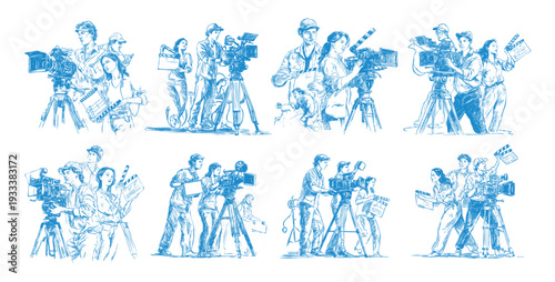 Film production crew characters color ink sketch vector set. Group portrait movie camera operator holding clapperboard cinematography industry professionals filming equipment collection