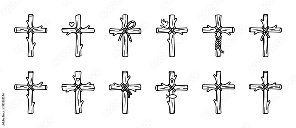 Fototapeta premium Hand-drawn wooden Christian crosses icon collection with rustic details like rope, hearts, and a dove, illustrating faith and spirituality in a black and white doodle style isolated on white