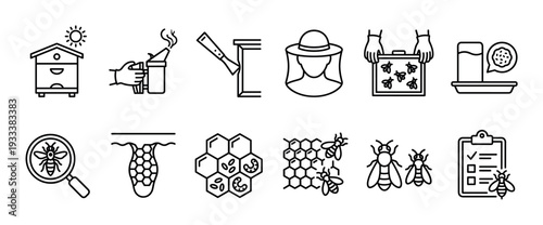 Beekeeping and apiculture line icon set featuring a beehive, smoker, beekeeper hat, honeycomb, and queen bee, representing honey farming and apiary equipment, isolated on white